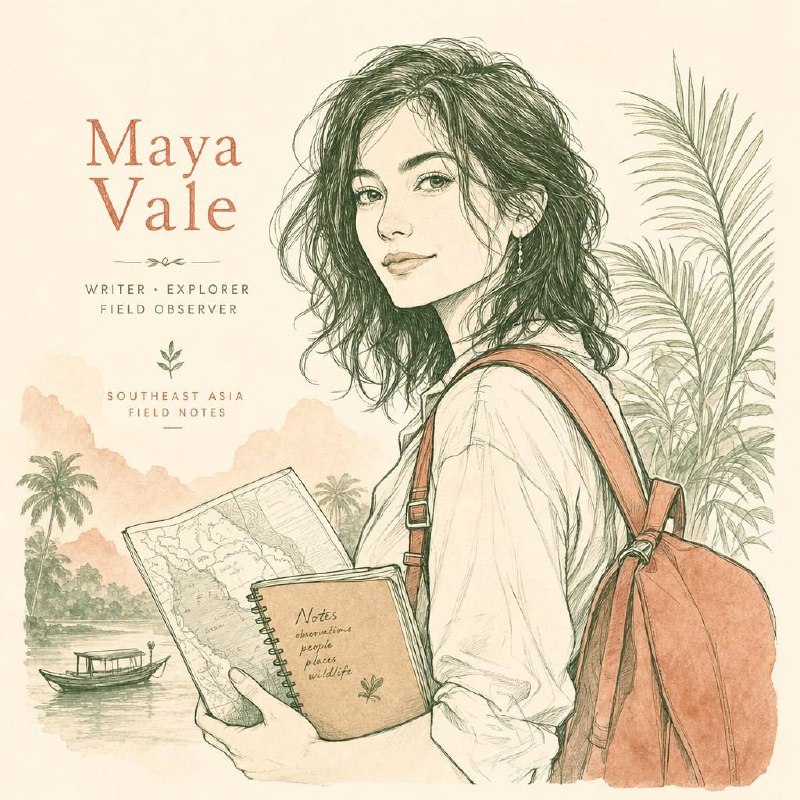 Illustrated portrait of Maya Vale holding a map and travel notebook