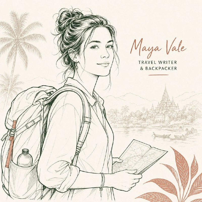 Illustrated portrait of Maya Vale with a backpack and folded map